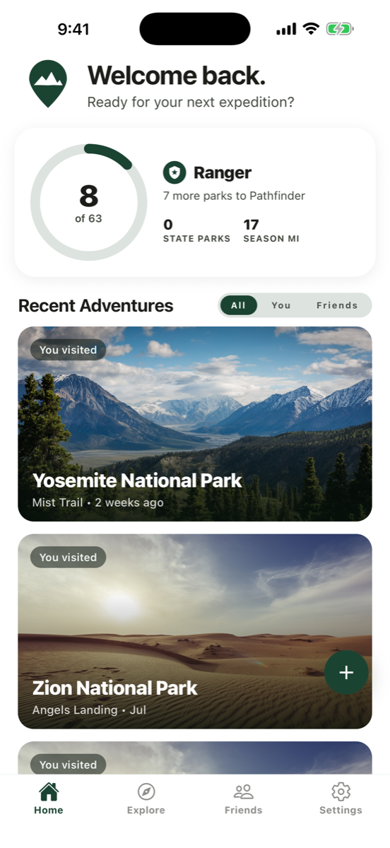 ParkAtlas home screen showing 8 of 63 parks visited and Ranger rank