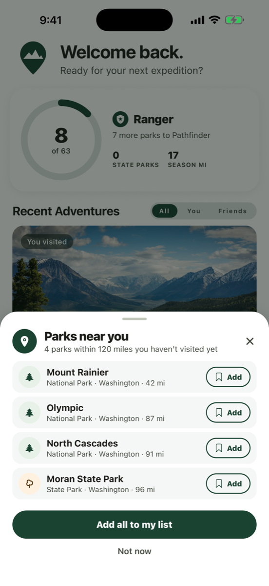 Parks near you sheet listing nearby national and state parks